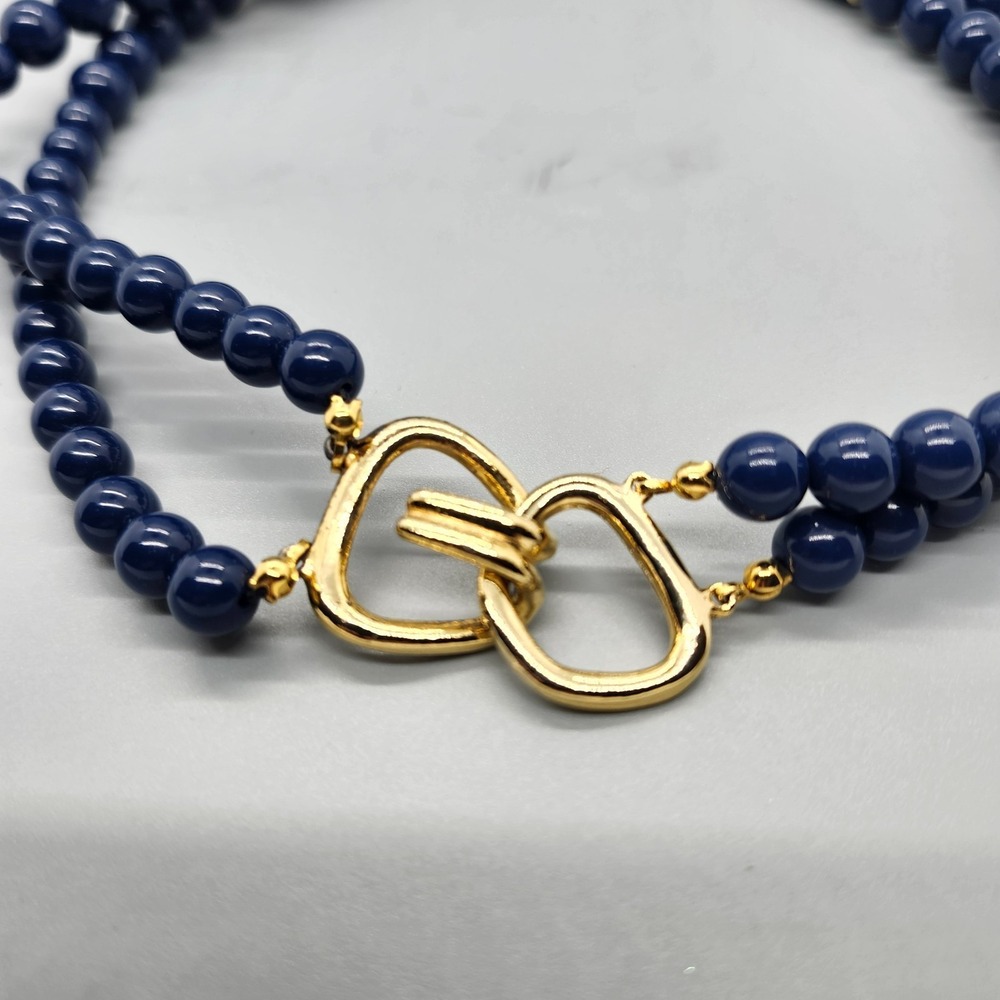 Vintage Double Strand Cobalt Blue Bead Necklace Black Accents Gold Tone Clasp - Picture 2 of 2